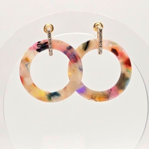 Kenneth Cole Earrings Multicolor Resin‎ Circles on Goldtone with Rhinestones - Picture 2 of 6